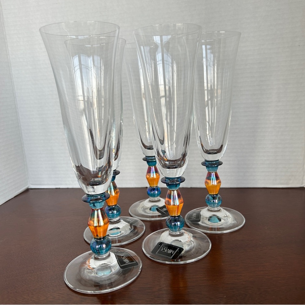 Vintage MIKASA Kensington Clear Amber Champagne Flutes Amber/Blue Stem Set of 5